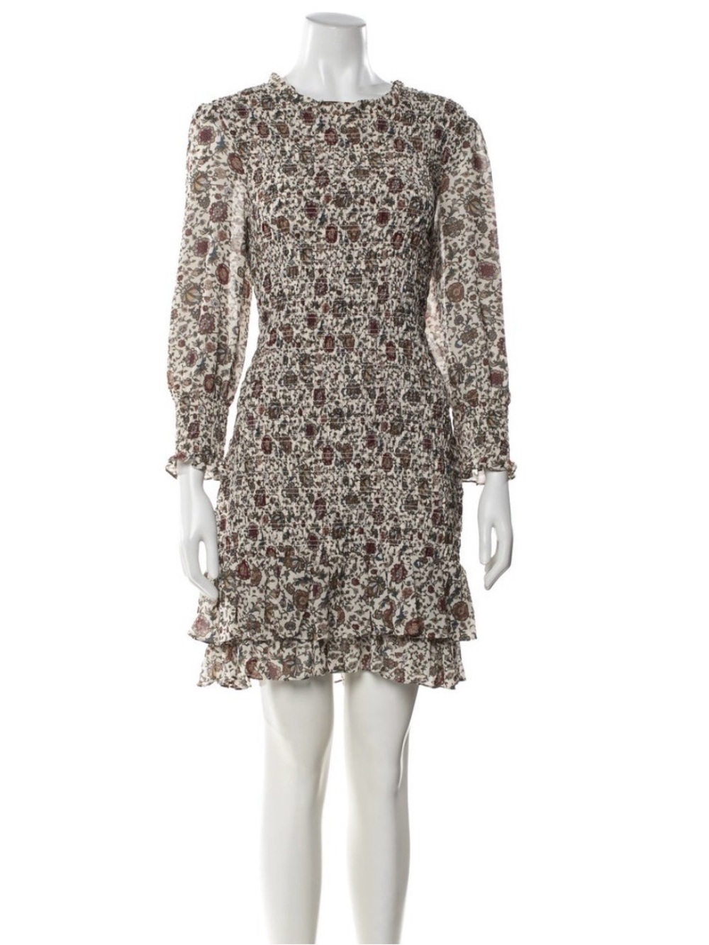 Veronica Beard Cream Floral Smocked Long-Sleeve Mini Dress, Size 10
